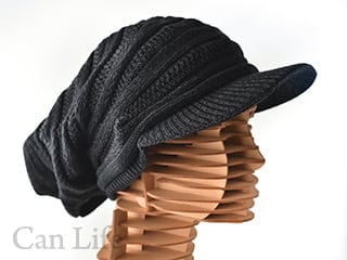 抗がん剤治療中のお出かけ帽子、冬用帽子／たっぷり大きいつば付きキャスケット帽子(男女兼用)（ミックスブラック）